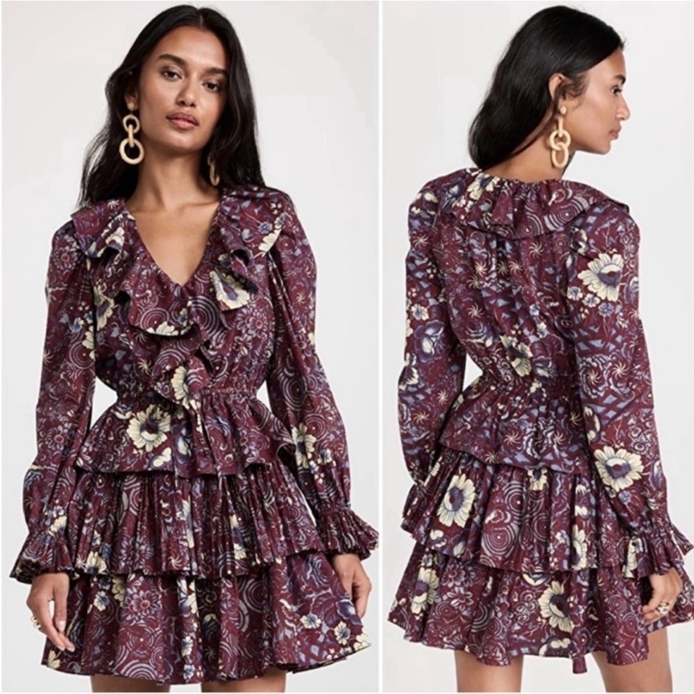 ULLA JOHNSON Lola Floral Cotton Ruffle Mini Dress NEW Heliotrope Size 8